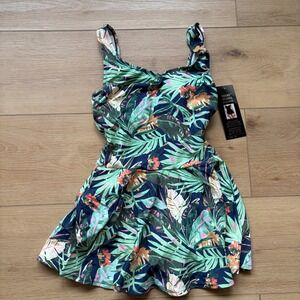 Shore Shapes Tropical Palm Swimdress One Piece Swimsuit Green Blue size 10